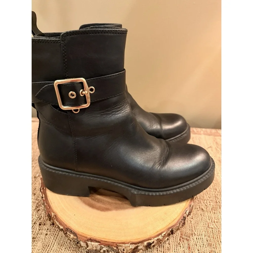 Coach‎ Lacey Black Leather Lug-Sole Zip Up Ankle Buckle Boots Black Sz-8